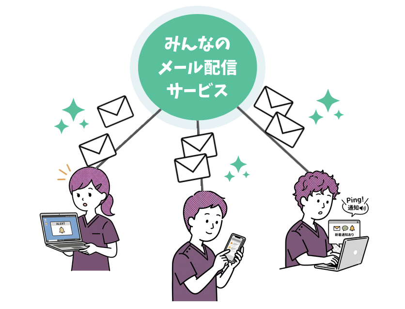研究会主催者が会員へ一斉にメールを配信しているイメージ